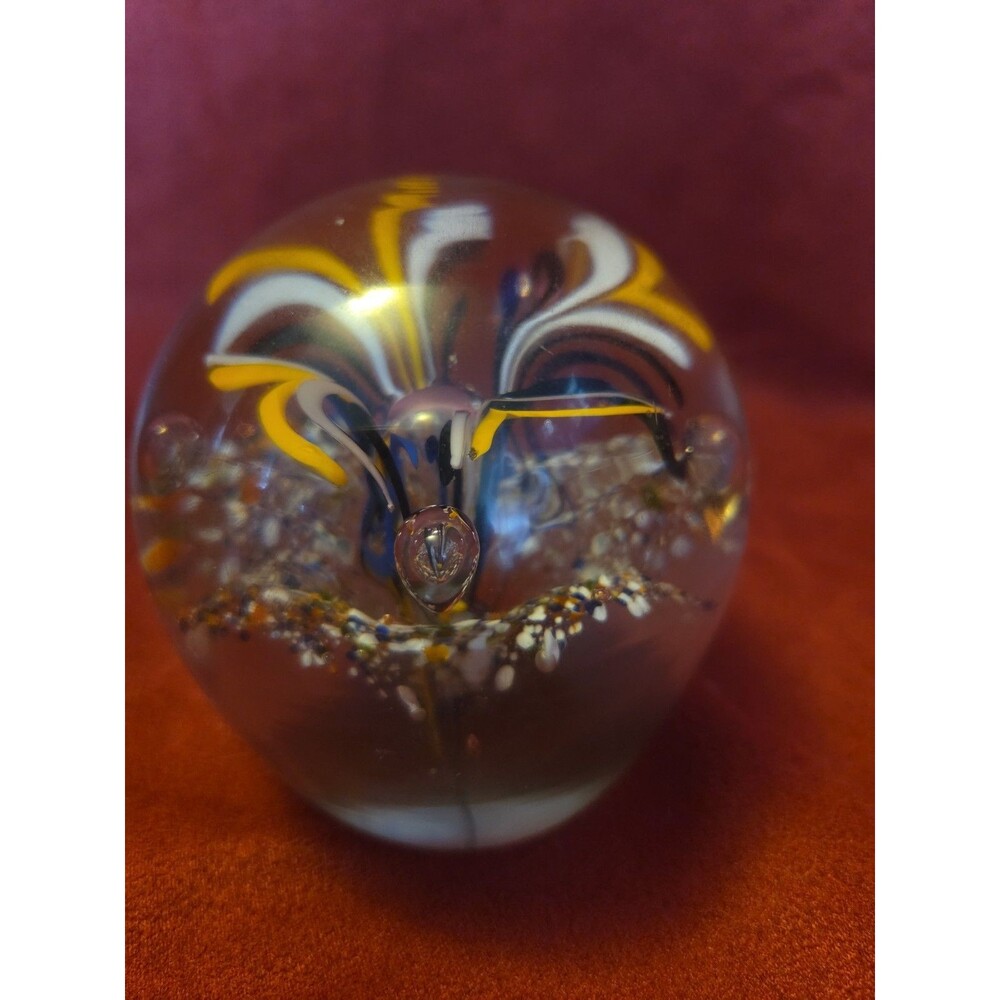 Portuguese Art Glass Hand Blown Paperweight Pulled Feather Flower Vintage
